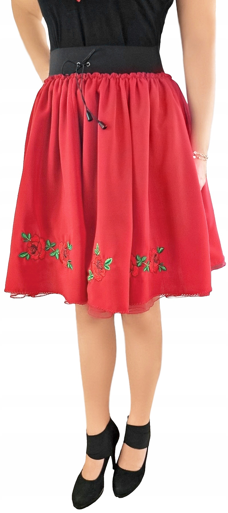 Červená horalská Sukně s vyšívanými květy Lidové růže Tyl *FolkStyle* XL