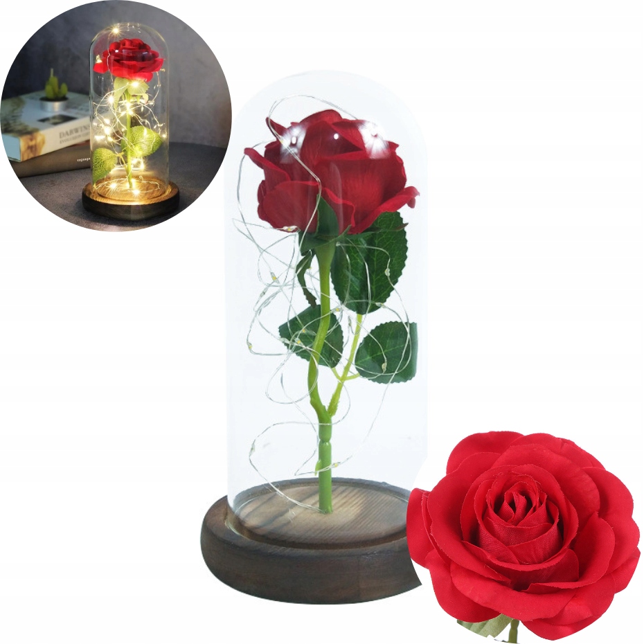 

Sztuczna Wieczna Róża W Szkle Ze Światełkami Led