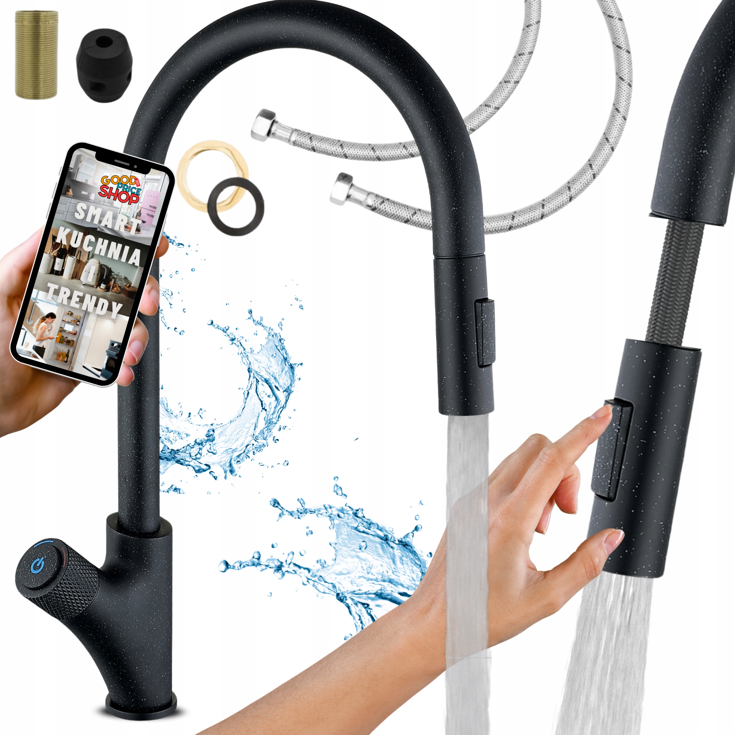 Kuchyňská baterie s výsuvným výtokem Černá dřezová Flexibilní kohout