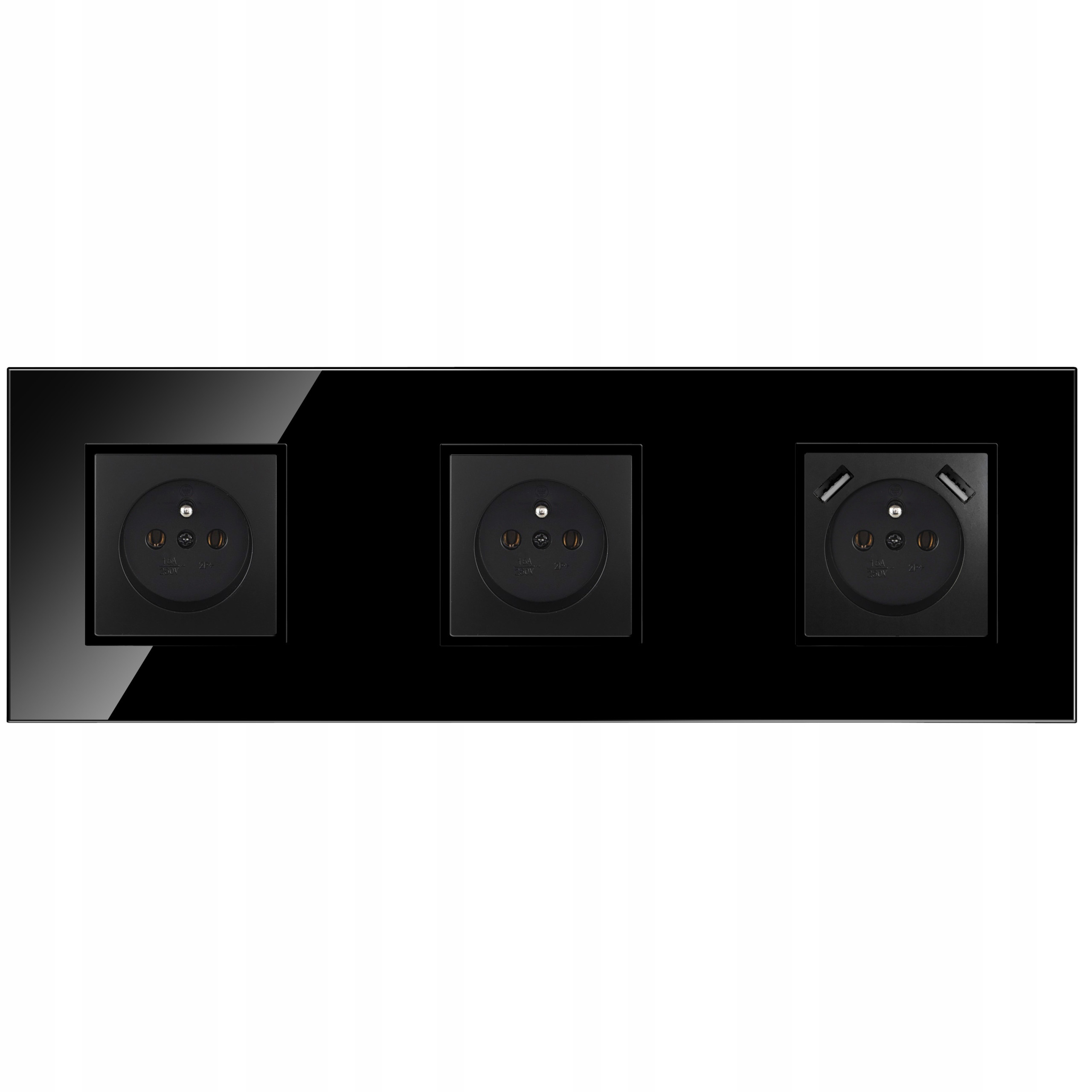 Gniazdko Potrójne Czarne Szklane Z Bolcem Kontakt Z Ładowarką 2XUSB Typ A