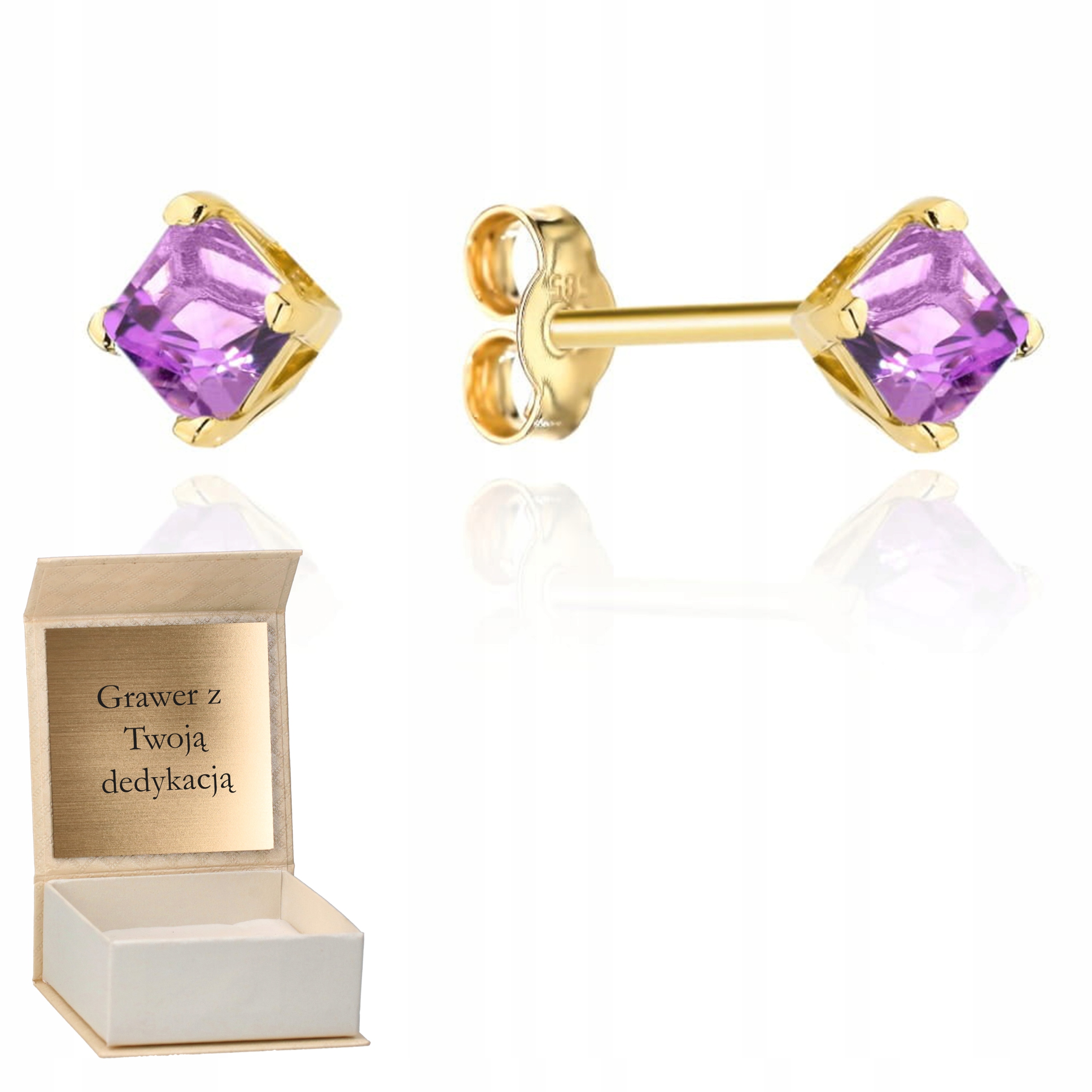 Zlaté náušnice „colorful Stone“ – ametyst čtverec zlato pr.585 Gravírování