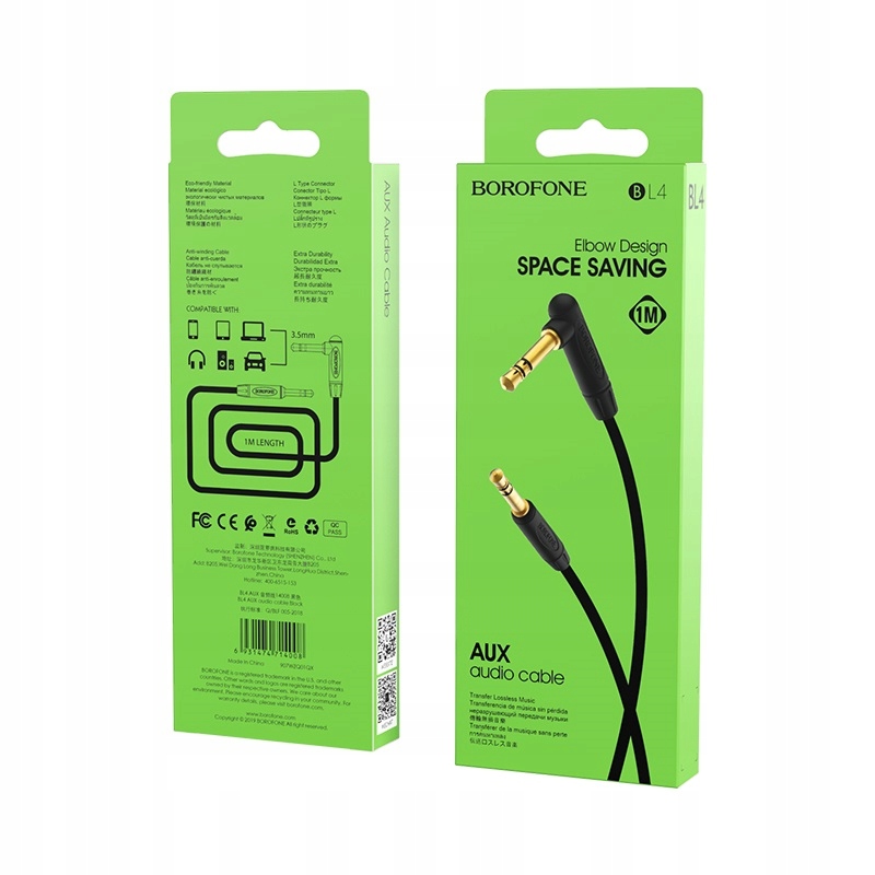 Kabel audio Aux minijack 3.5mm stereo kątowy 1x90° 1m czarny BL4 Borofone
