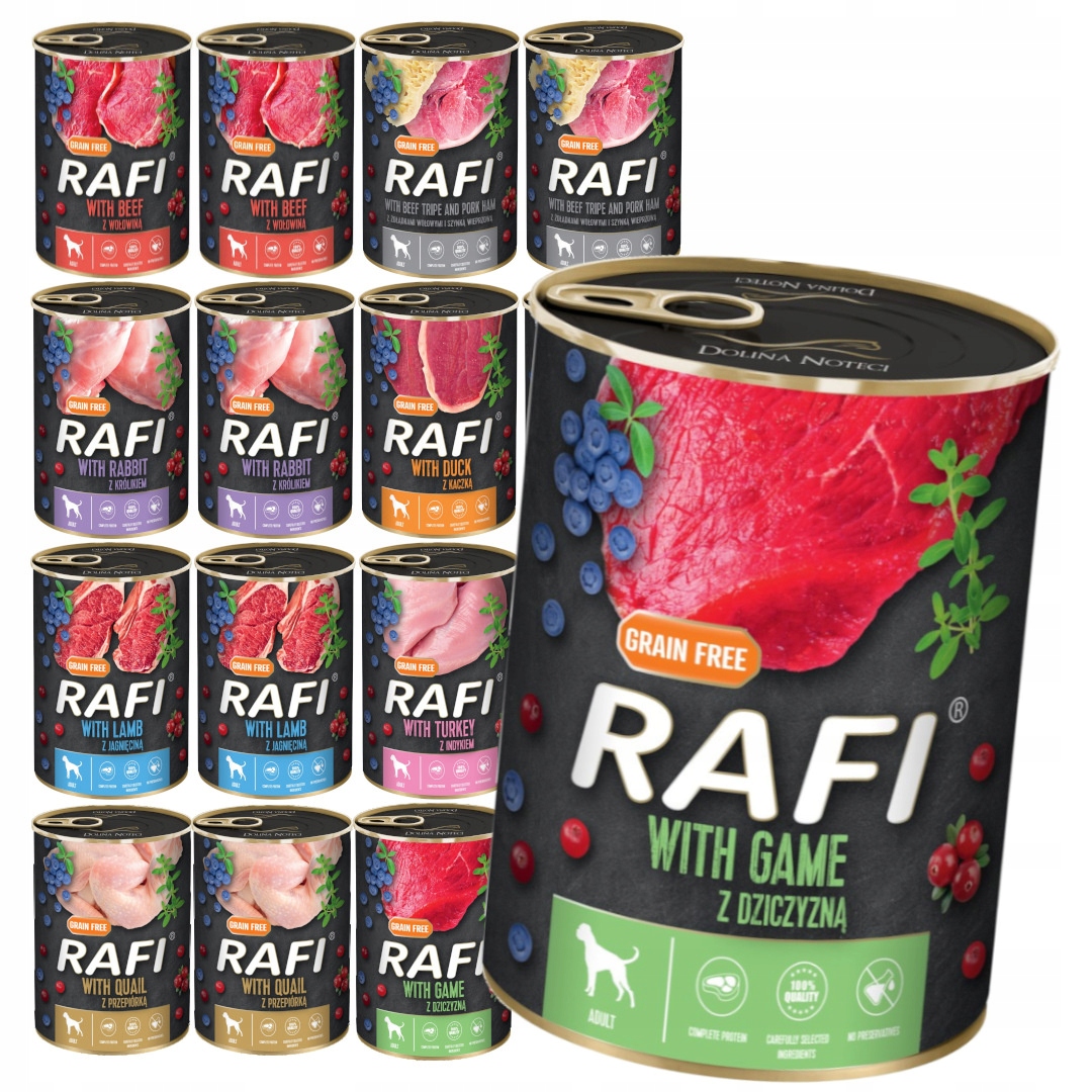 Rafi 16x400g Bezobilné Vlhké Krmivo pro dospělé psy Mix 8 příchutí