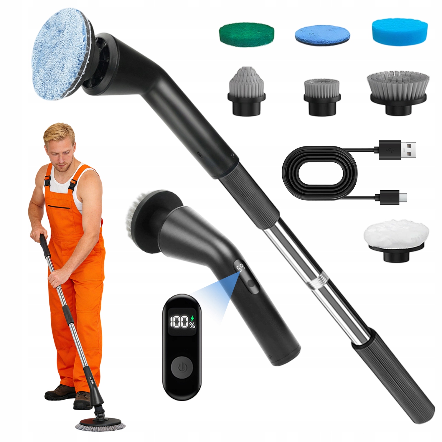 Levně Elektrický Čisticí Kartáč 37W IPX7 60 Min 96-120 CM Bezdrátový