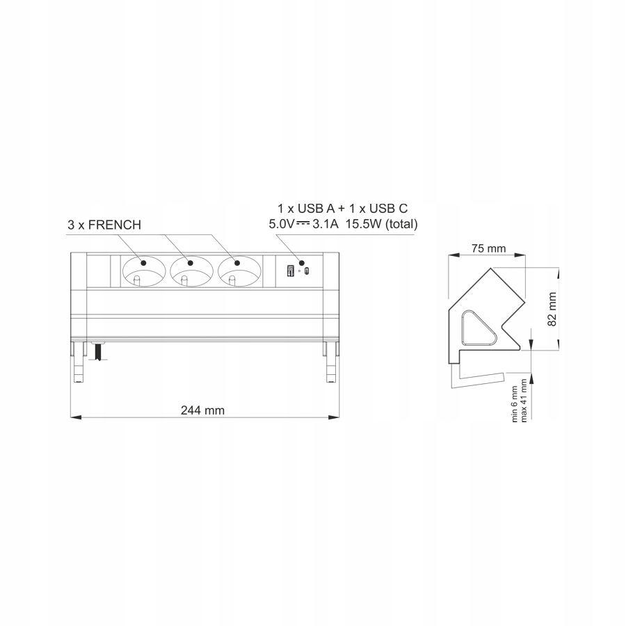 DESK BOX Gniazdo meblowe 3 x 230V plus 2 x USB A C Przeznaczenie Elektryczne USB