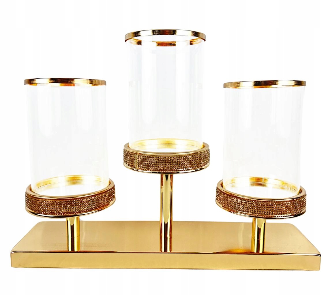 Skleněný svícen lampion lucerna sada 3 zlatých svícnů 28x36