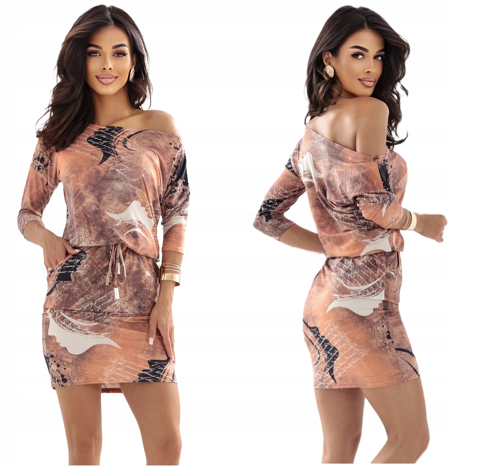 Sportovní Šaty S Kapsami A Zavazováním, 3/4 Rukáv, Měděný, Vzor XL