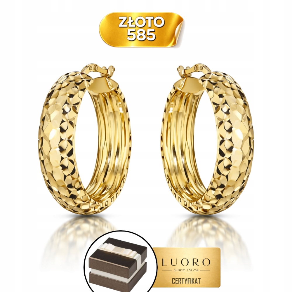 Náušnice Zlaté 585 14K Kolečka Diamantové Široká Lišta 26 MM Dárek