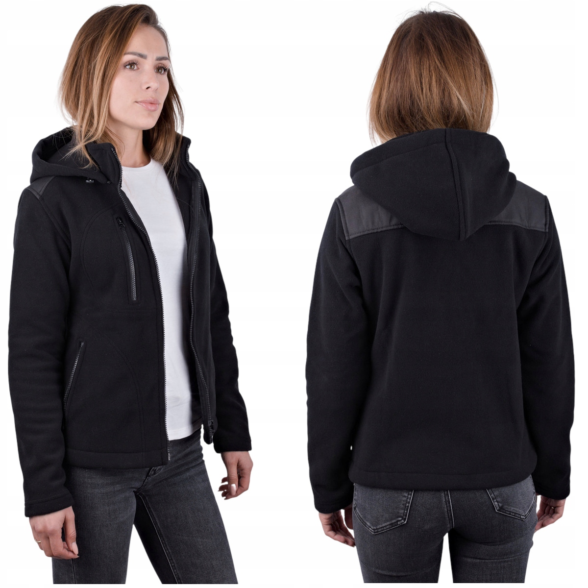 Polski Polar Damski Rozpinany z Kapturem Czarny Bluza Zapinane Kieszenie XL