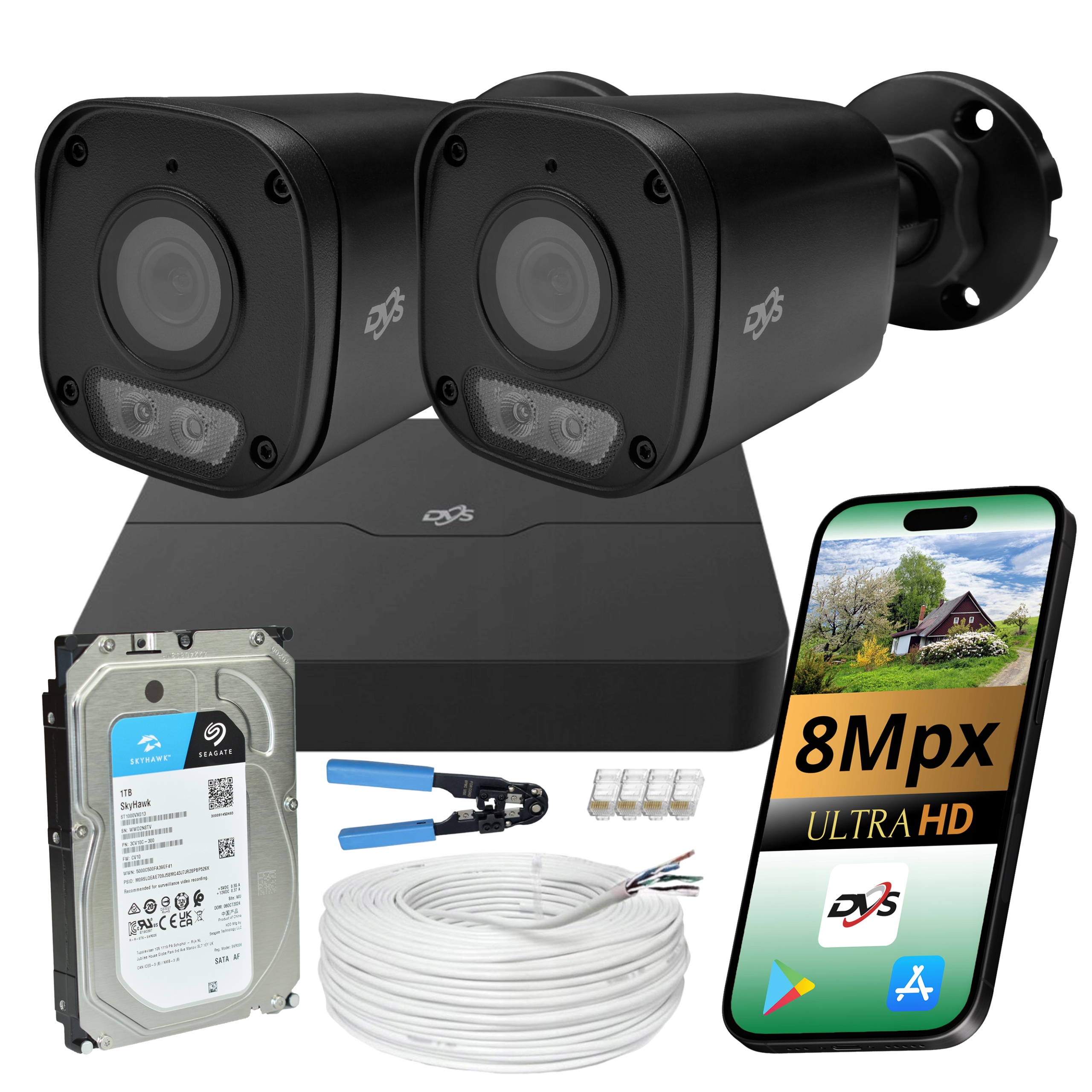 Set Kamer Pro Monitorování 2x Ip Kamera Poe 8MPX Dualna Černý Disk 1TB