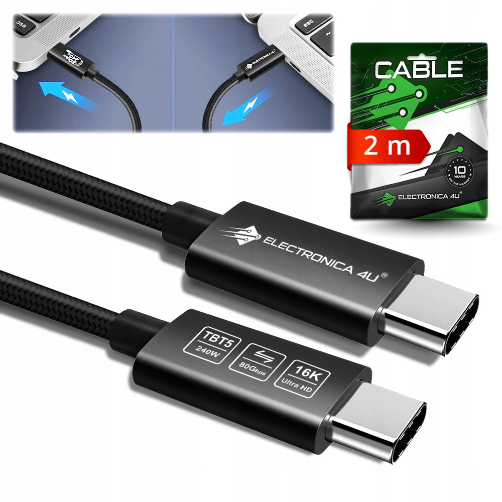 Szybki kabel do transmisji Thunderbolt 5 Certyfikowany Intel chip 240W 2m