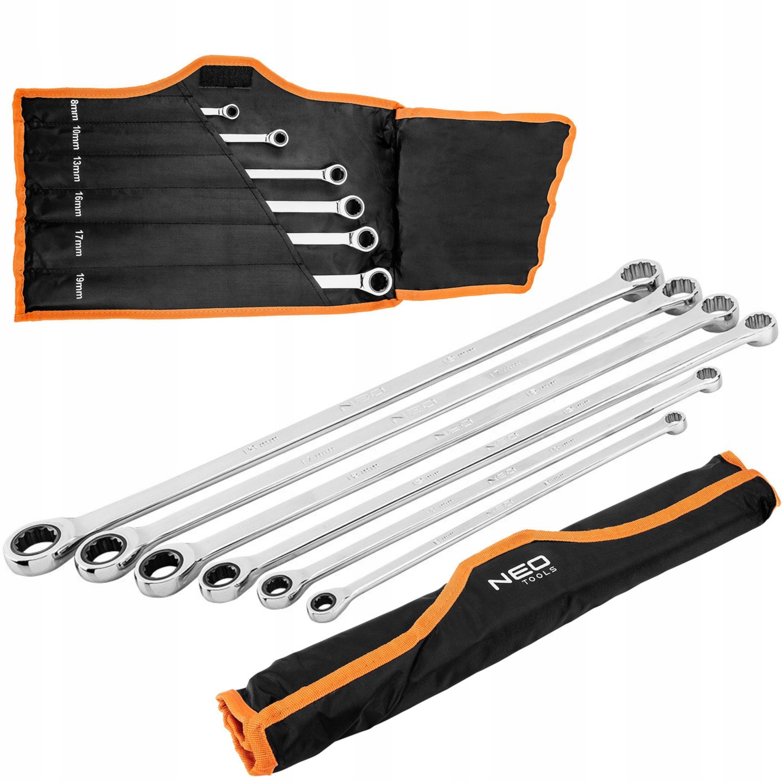 Sada Dlhých Očkových Kľúčov S Račňou 8-19 MM, Puzdro Neo