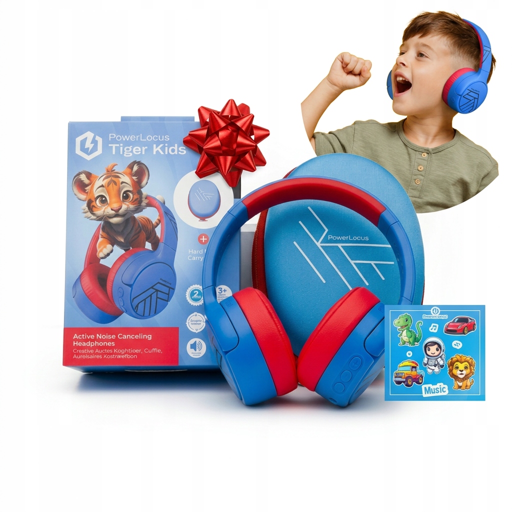 Dárek Den dětí Sluchátka Anc pro děti PowerLocus Tiger Kids samolepky