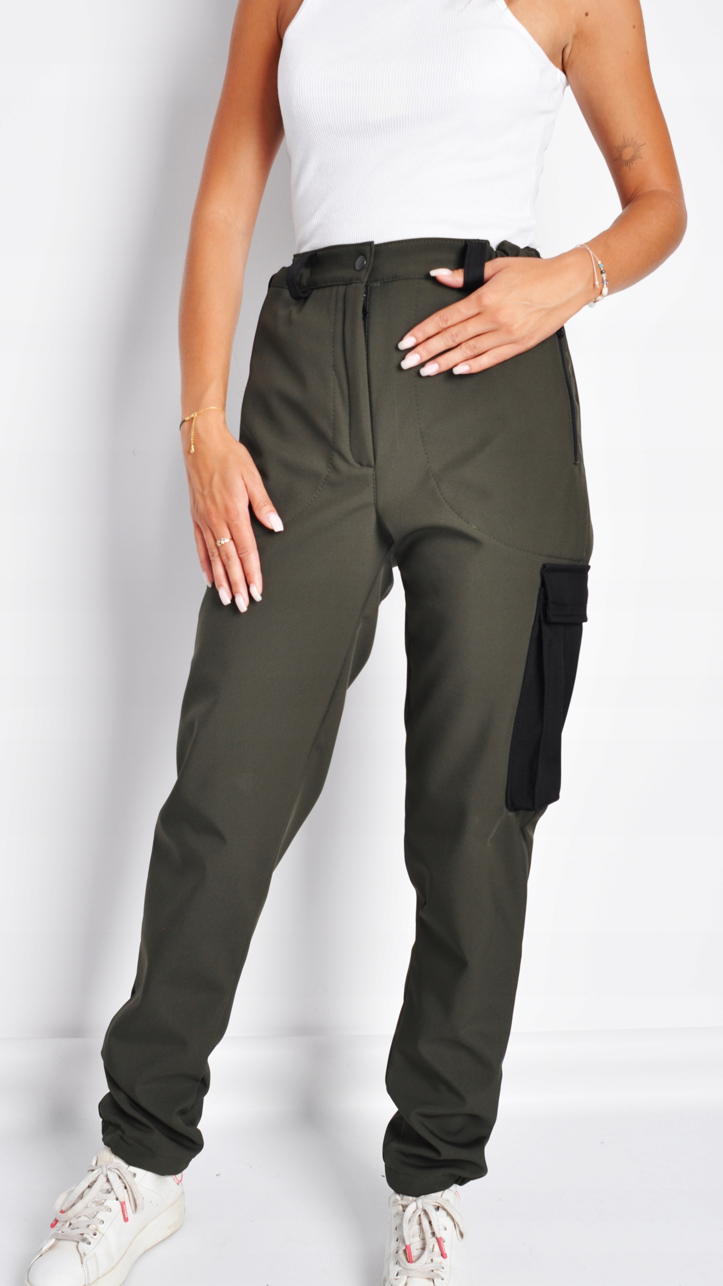 Teplé dámské kalhoty – softshellové – Polské Pohodlné – zelené/khaki – XL
