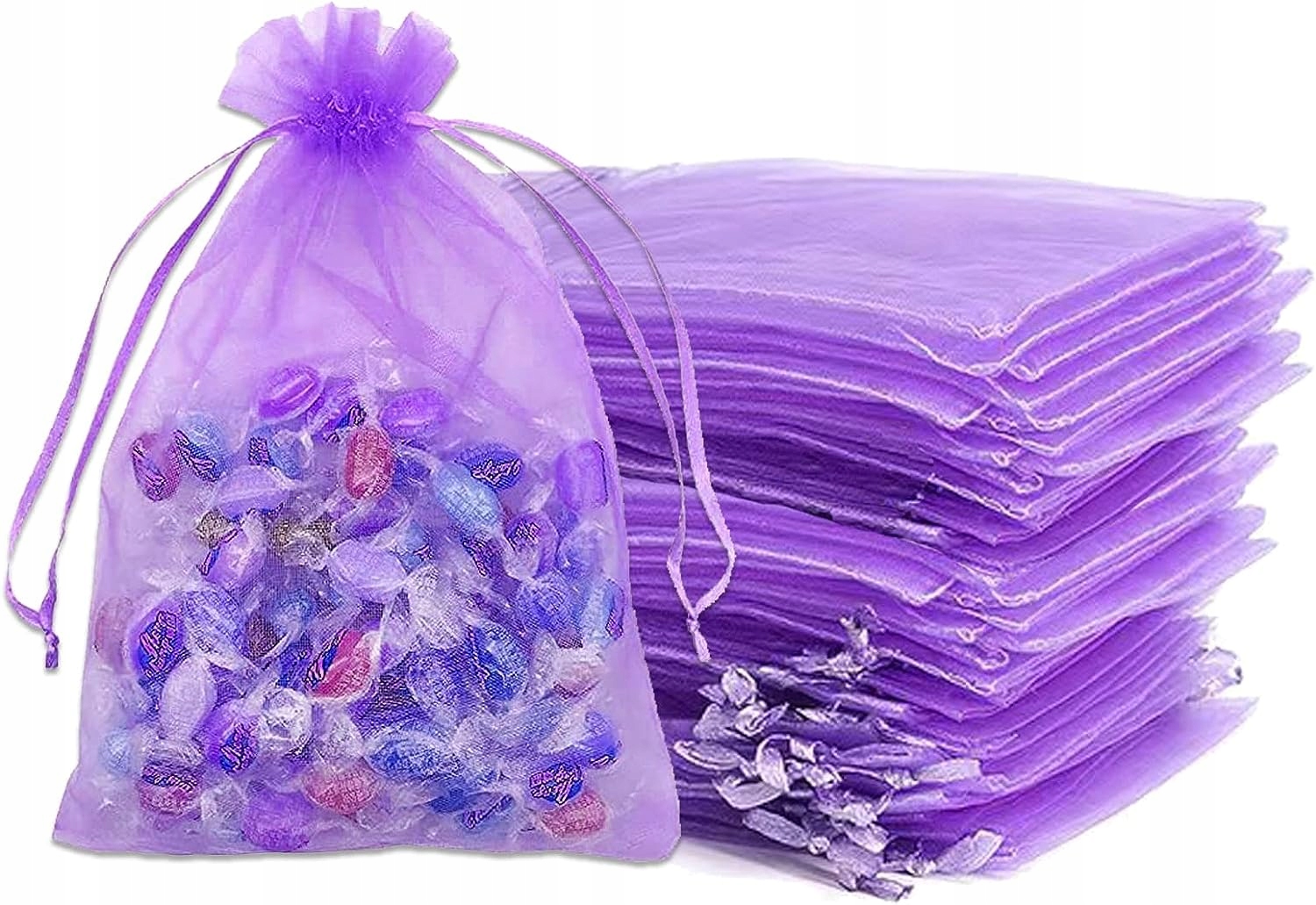 100*OZDOBNE WORECZKI Z ORGANZY FIOLETOWE JASNE 9X12CM NA UPOMINKI DLA GOŚCI