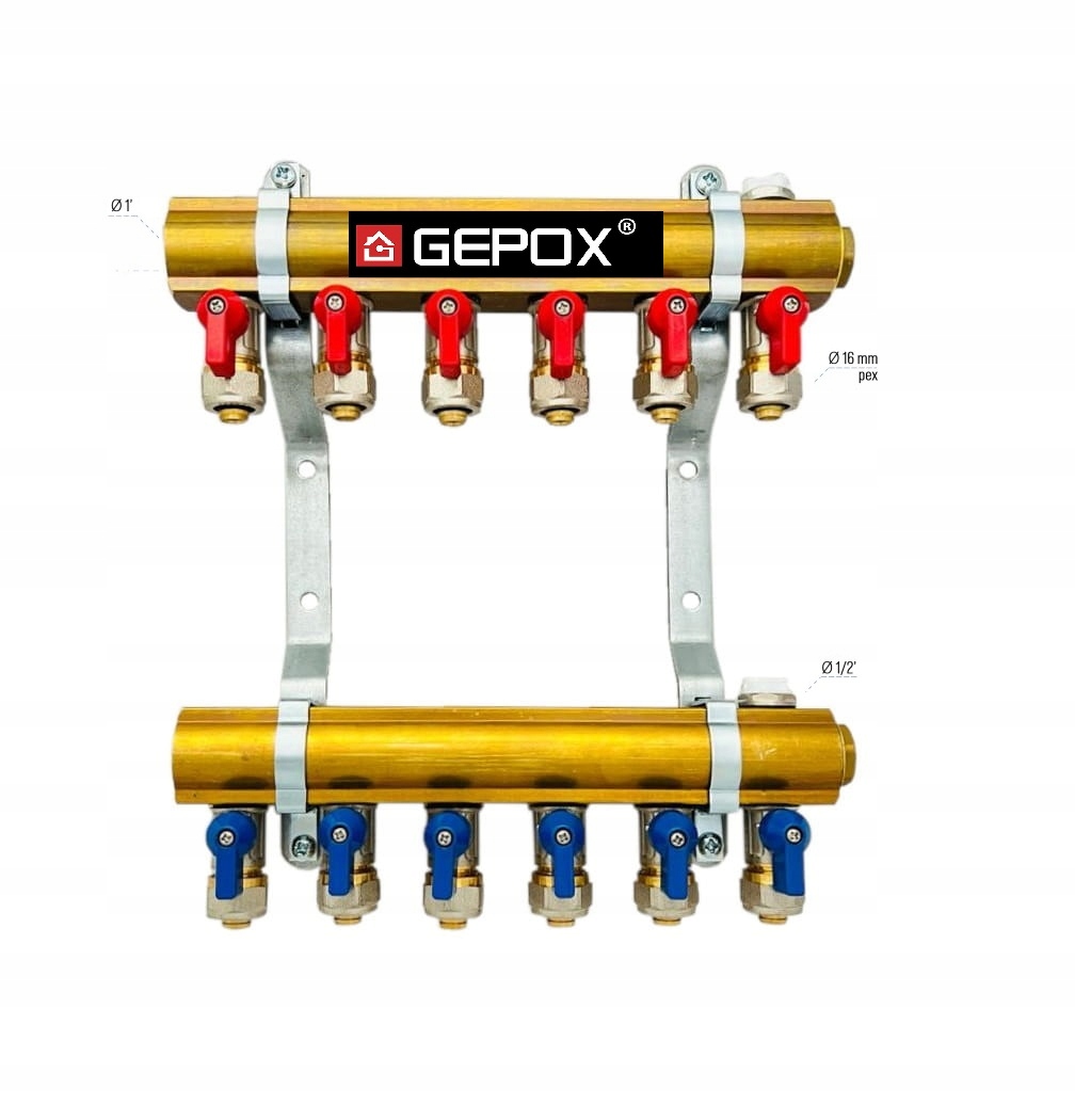 Rozdělovač C.o. 6 okruhů Gepox ventily Pex odvzdušňovače pro ohřívače