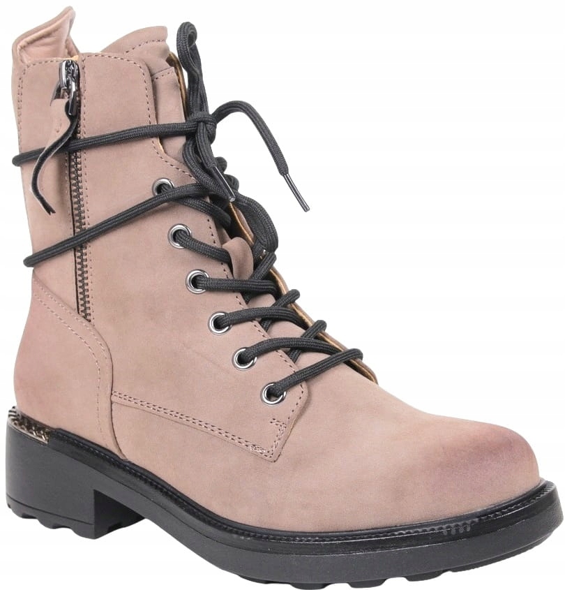 iButy Kotníkové Boty Workery Na Ploché Podrážce Traperze Khaki Béžové Teplé 40