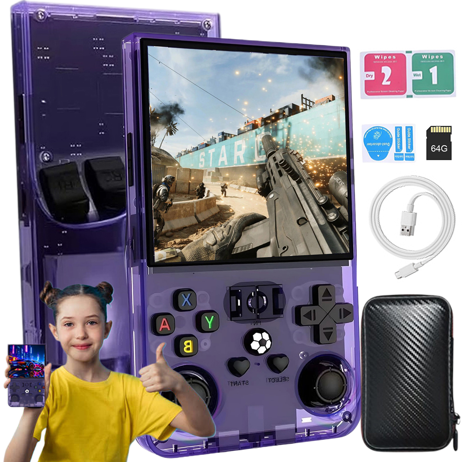 Przenośna Konsola R36MAX Do Gier Retro 18000 Gier 64GB Fioletowa