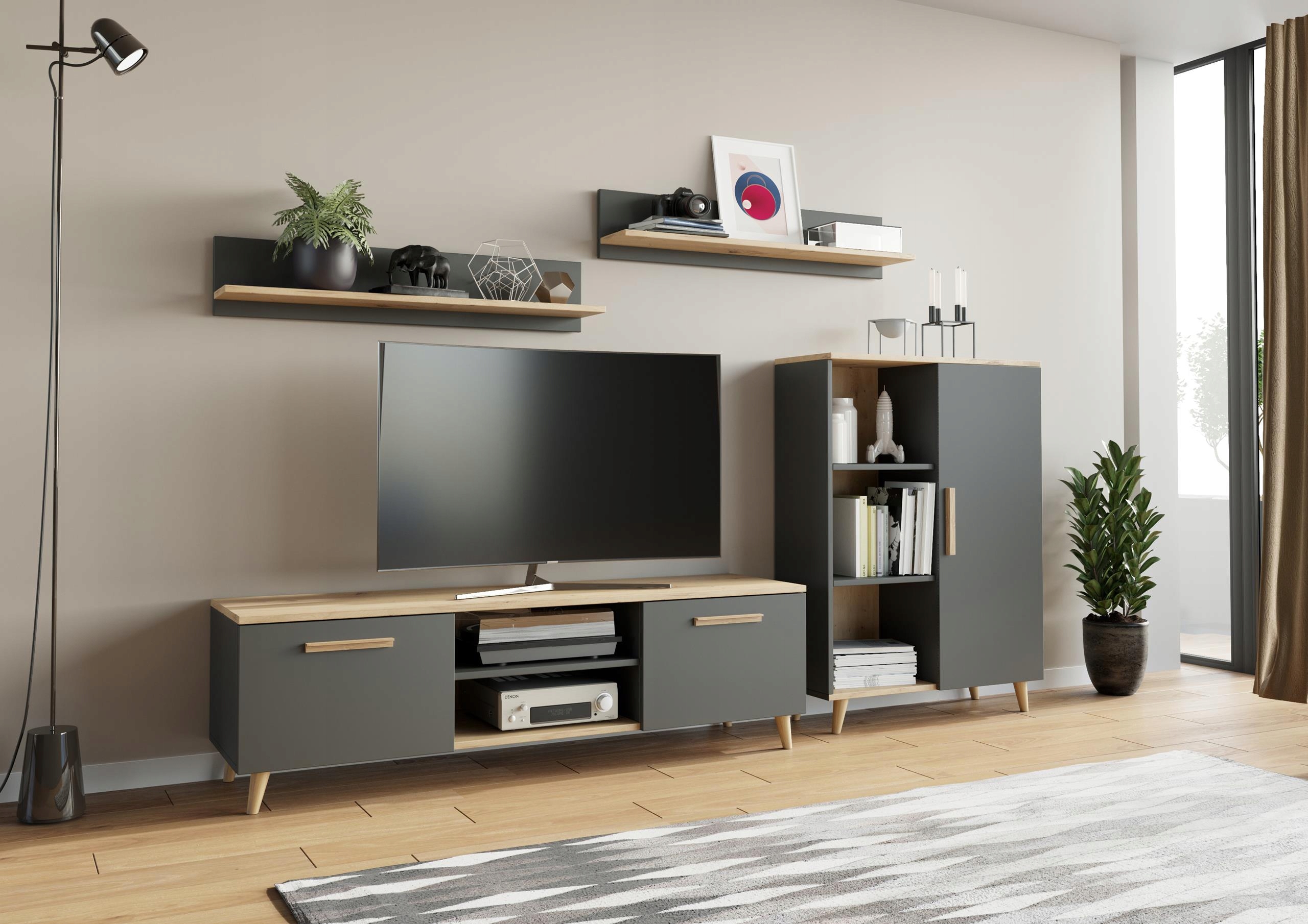 Obývacia Stena Oslo antracitová komoda Rtv skrinka polička Per