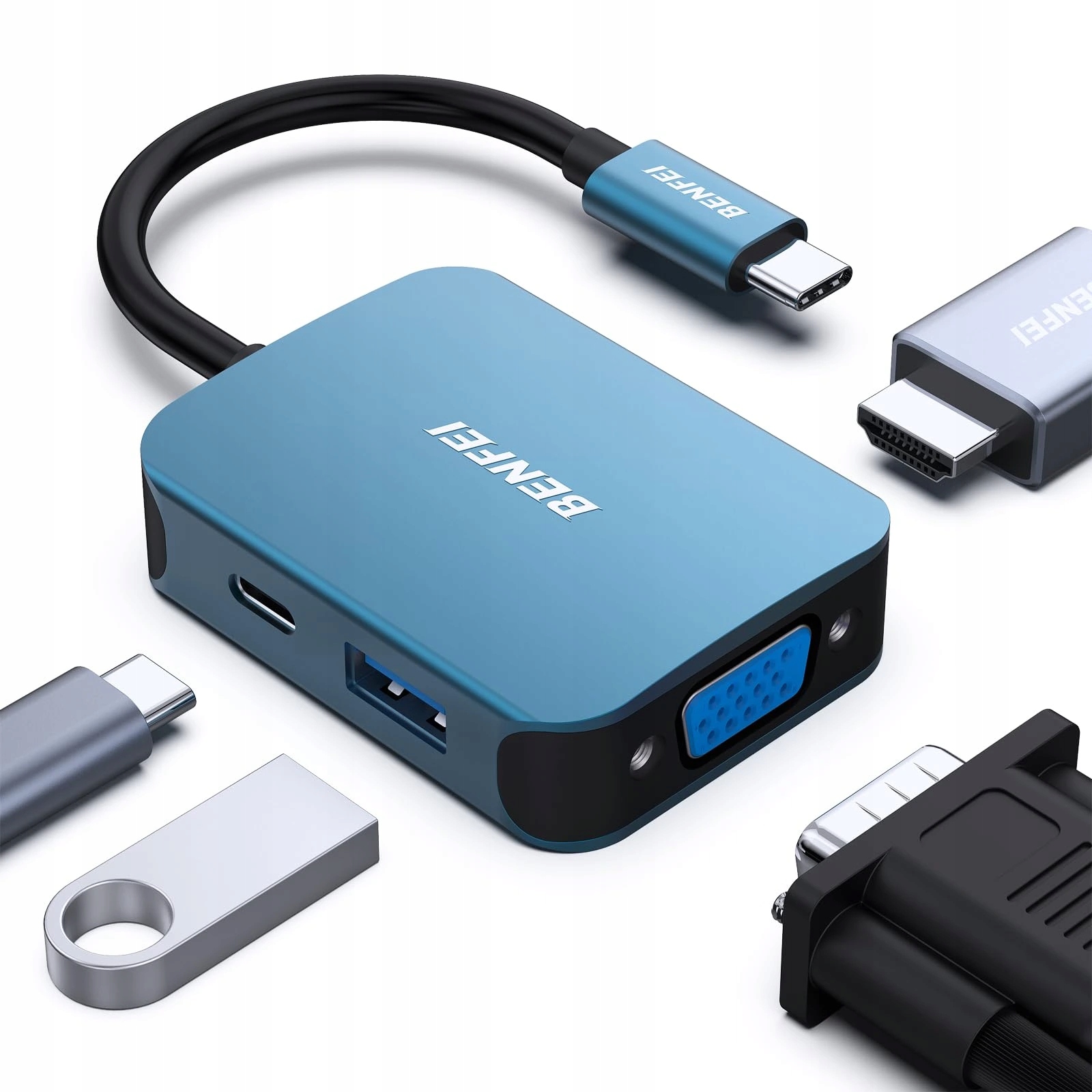 Benfei adapter Hub 4w1 Usb- C do 4K Hdmi Usb- C 1x Usb- A Vga niebieski
