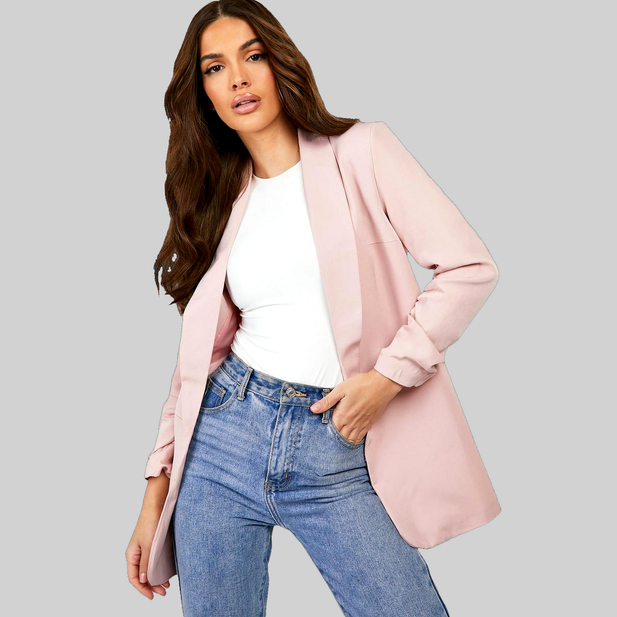 Sako Bez Zapínání S nařaseným rukávem Dusty Pink Casual Boohoo L