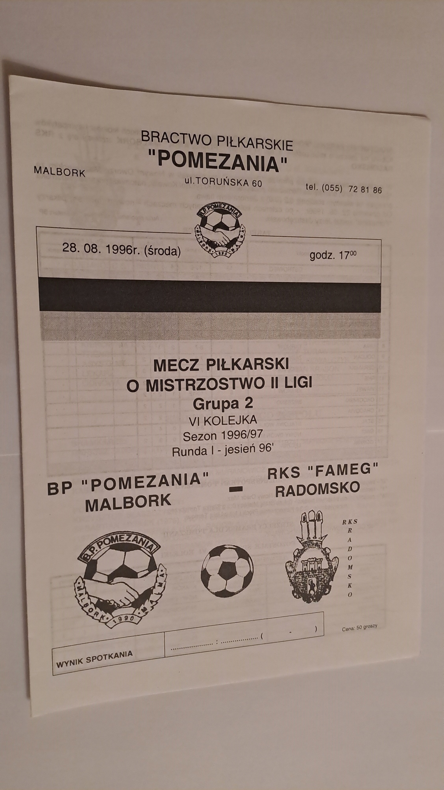 POMEZANIA MALBORK - RKS RADOMSKO 28-08-1996 PROGRAM MECZOWY