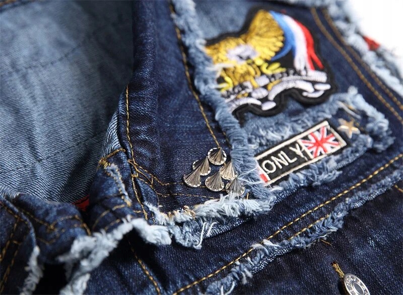 Men's Punk Style Denim Vests Skull Embroidery Slee Wzór dominujący aztecki