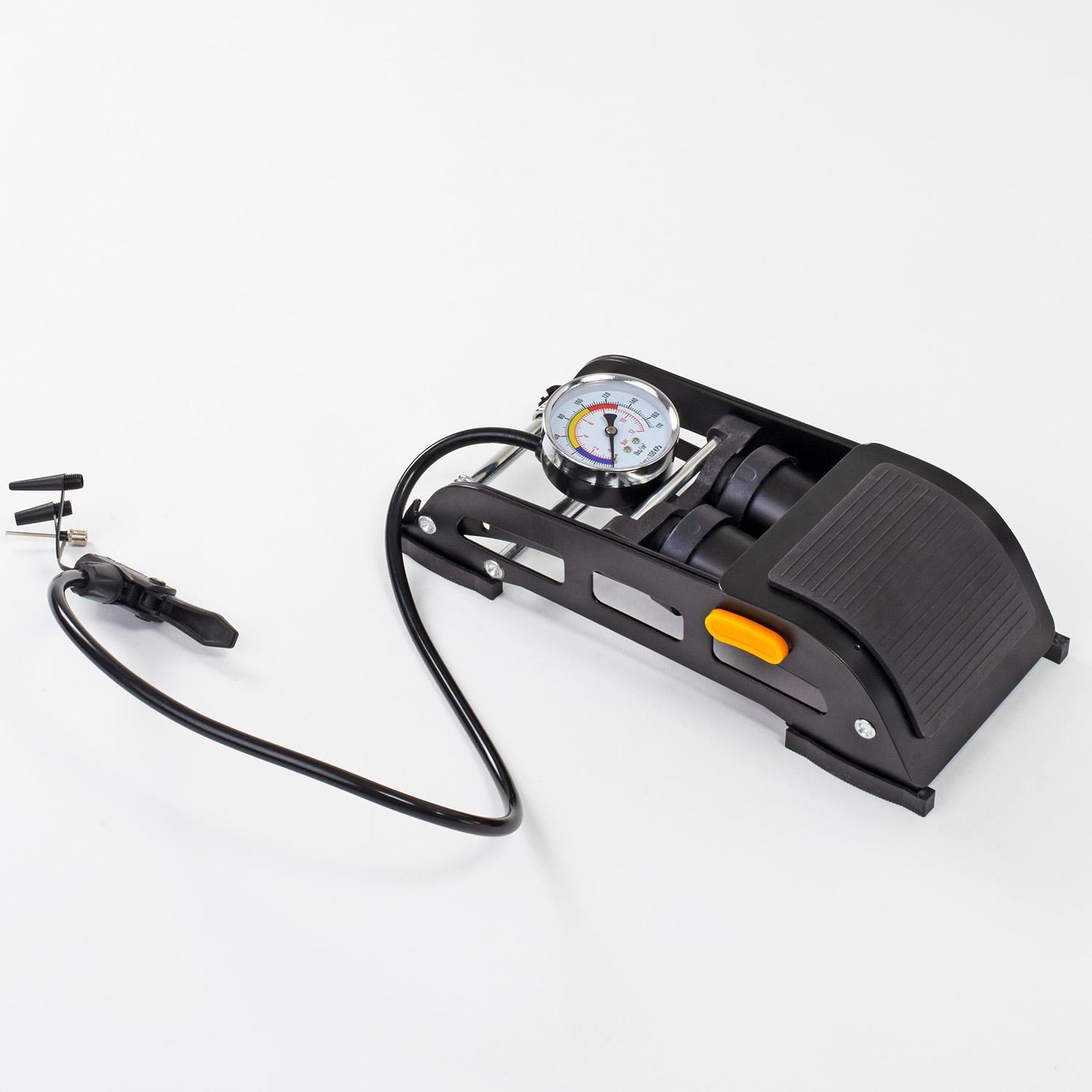 POMPKA NOŻNA ROWEROWA SAMOCHODOWA DWUTŁOKOWA MOCNA Z MANOMETREM DO ROWERU Kolor dominujący czarny