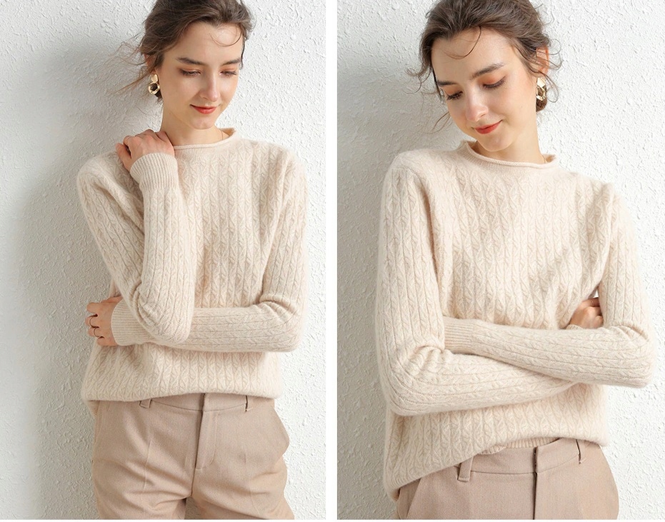 

Sweter 100% Wełna Merino Warkocze Beżowy M