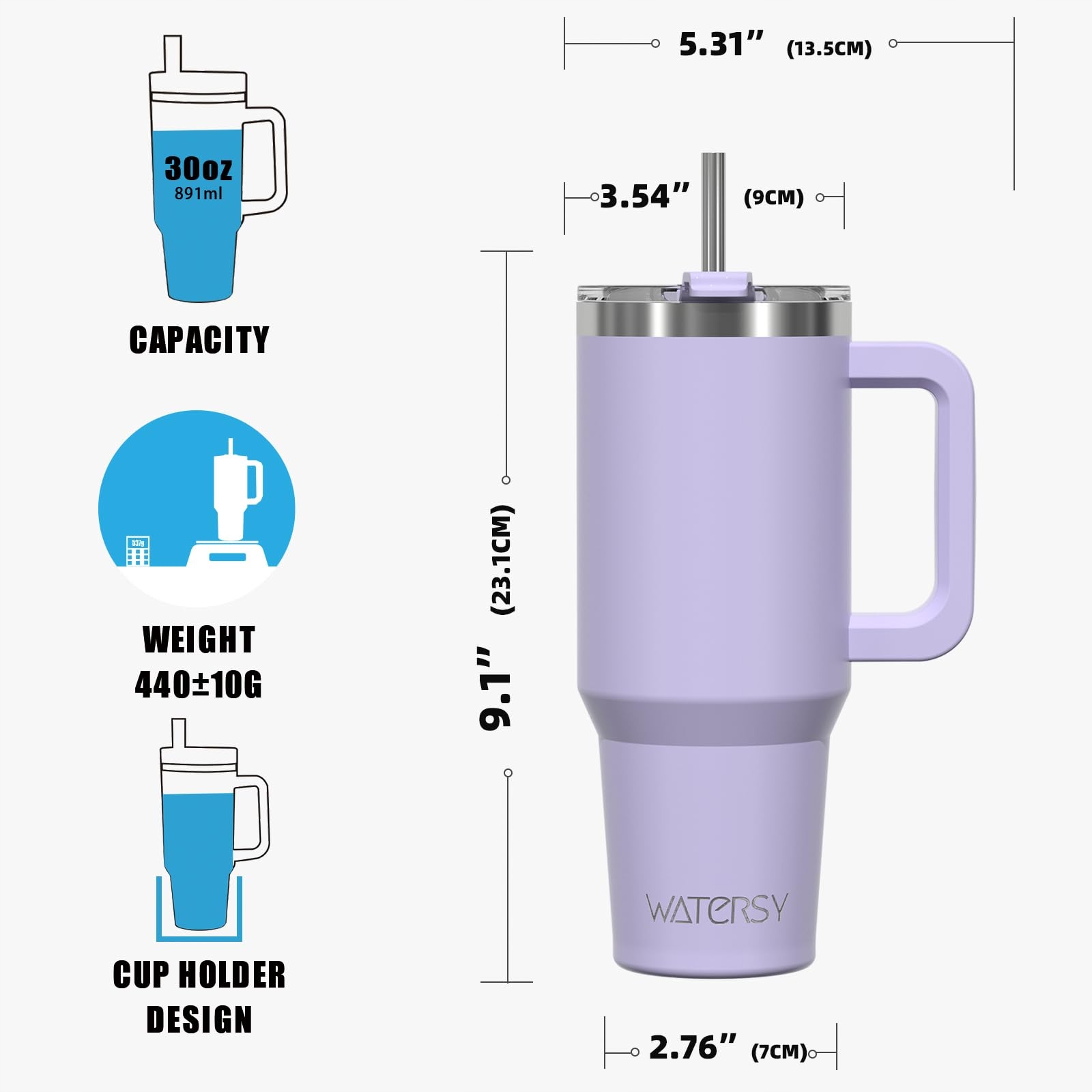 WATERSY KUBEK TERMICZNY 891ML STAL NIERDZEWNA Z UCHEM I SŁOMKĄ FIOLETOWY — miniatura 4