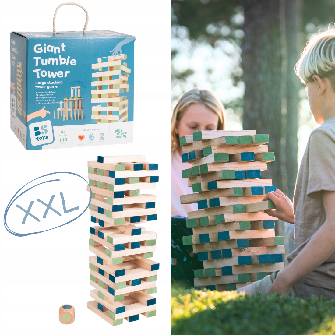 Bs Toys, Gigantyczna drewniana wieża zręcznościowa XXL – 60 klocków