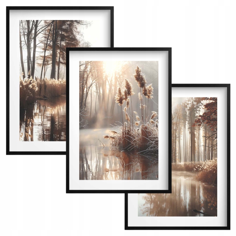 Plakaty do salonu Obrazy w czarnej ramie Trawa Jezioro zestaw Boho 50x70