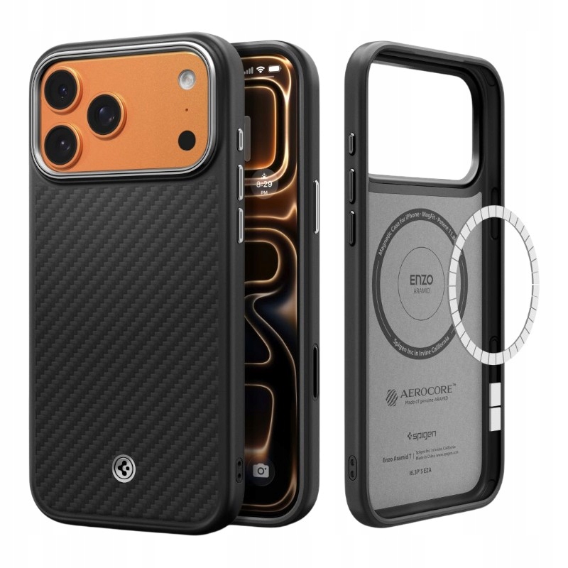 Spigen Enzo Aramid T Mag MagSafe Pouzdro pro iPhone 17 Pro Max (černý/stříbrný)