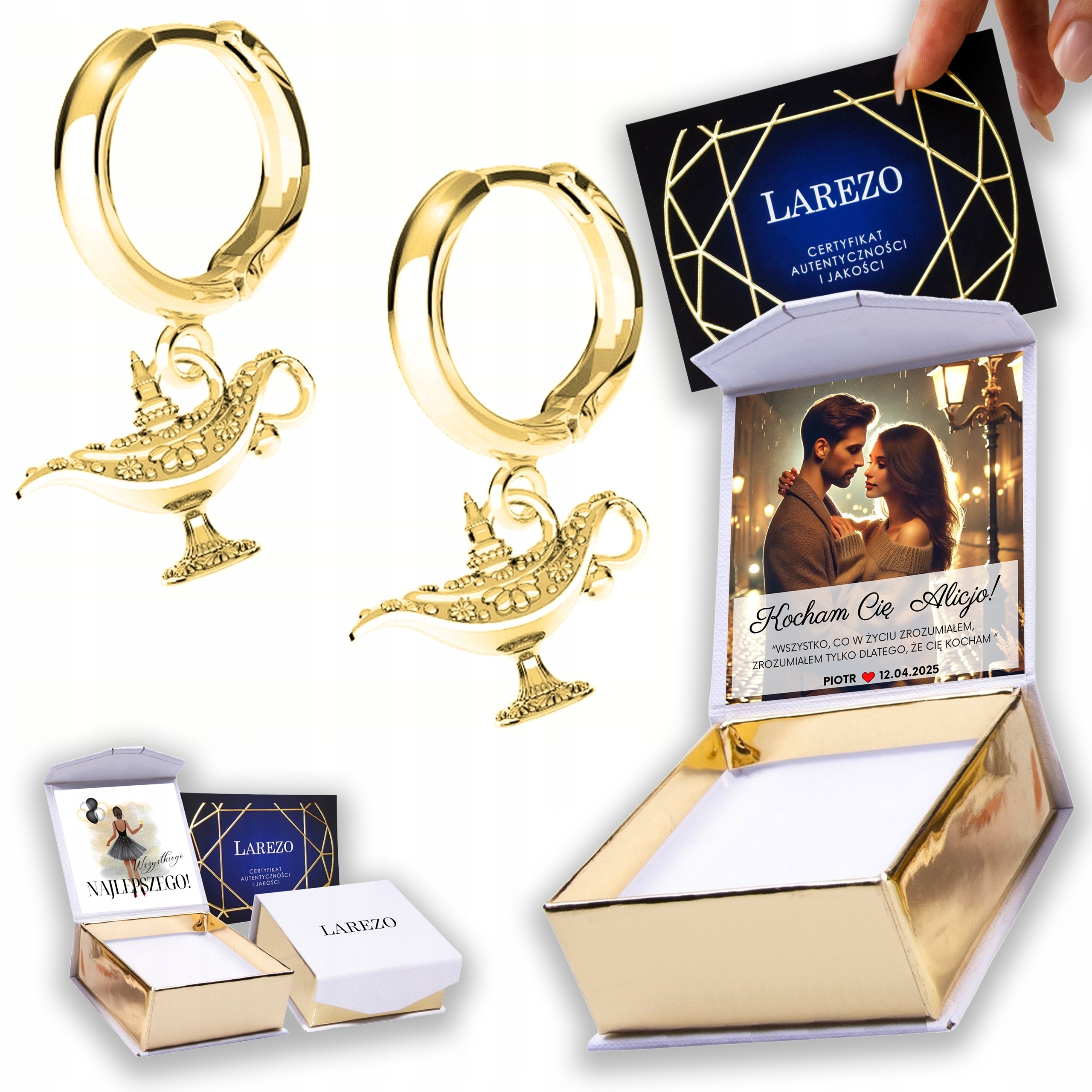 Zlaté Náušnice 925 Bigle s lampou Aladinova světla Kouzelný Potisk