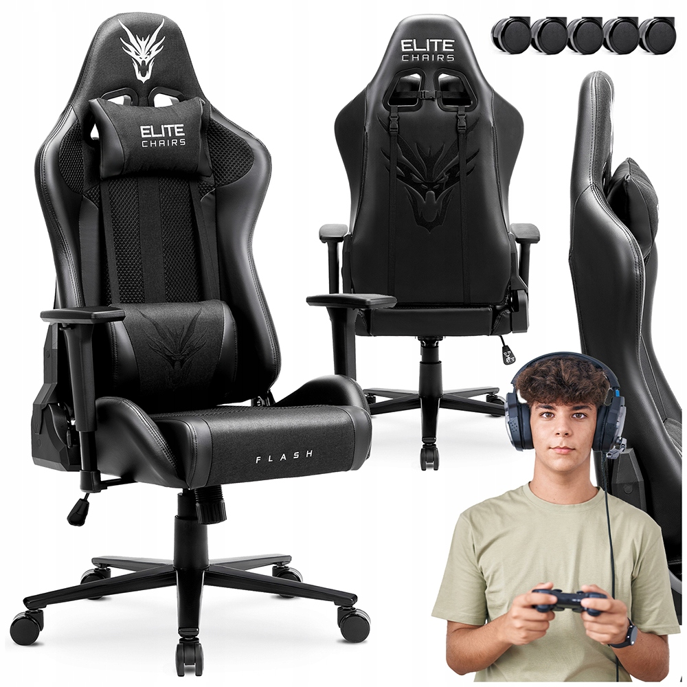 Otočné křeslo Černé pro hráče Ergonomické Ekokůže Flash tkanina