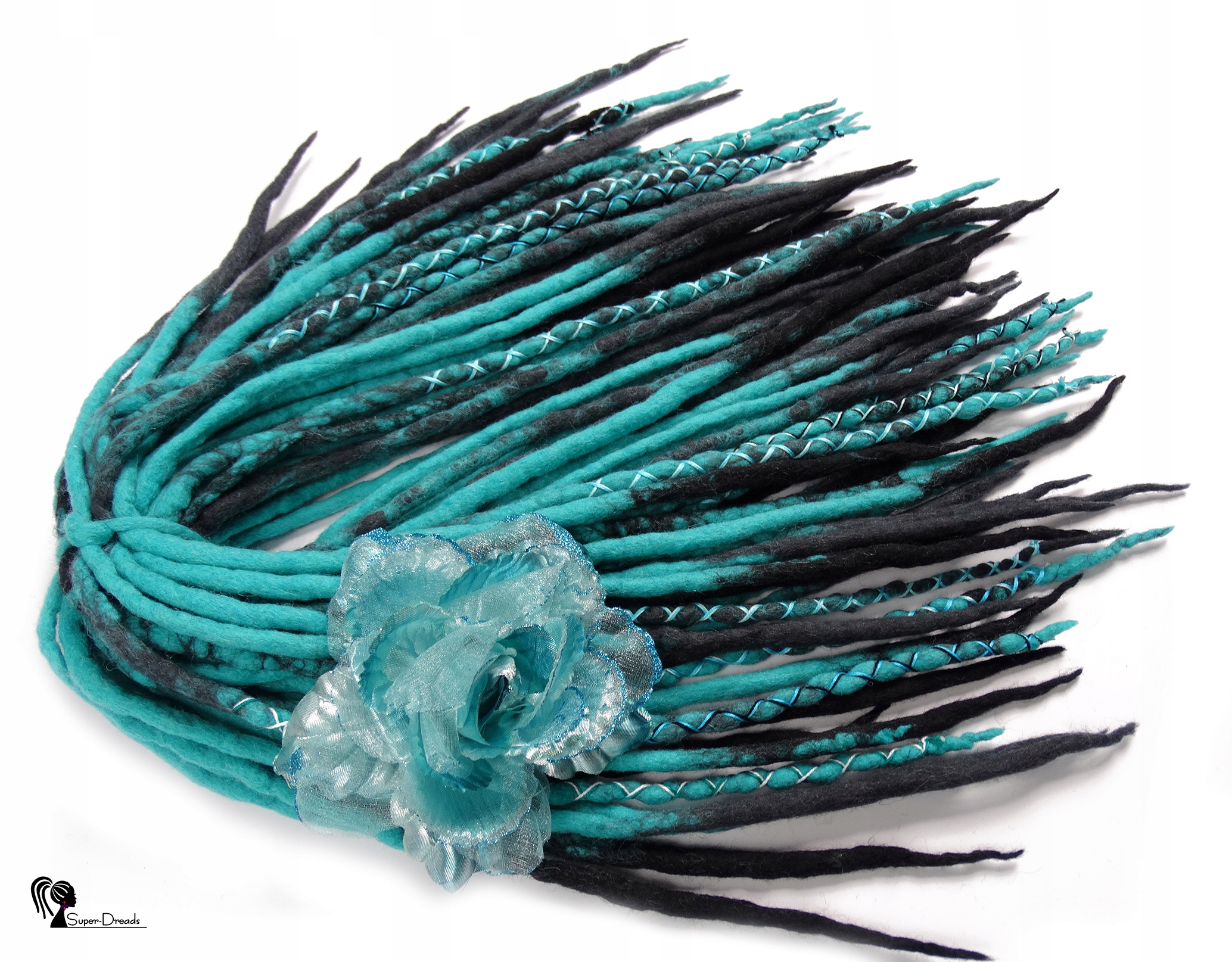 Dredloky Vlněné Dredy, tyrkysové, černé a šedé, Modrá Sever 40 kusů