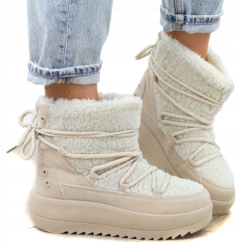 Béžové dámské kotníkové boty s kožíškem, teplé sněhule eskymácké