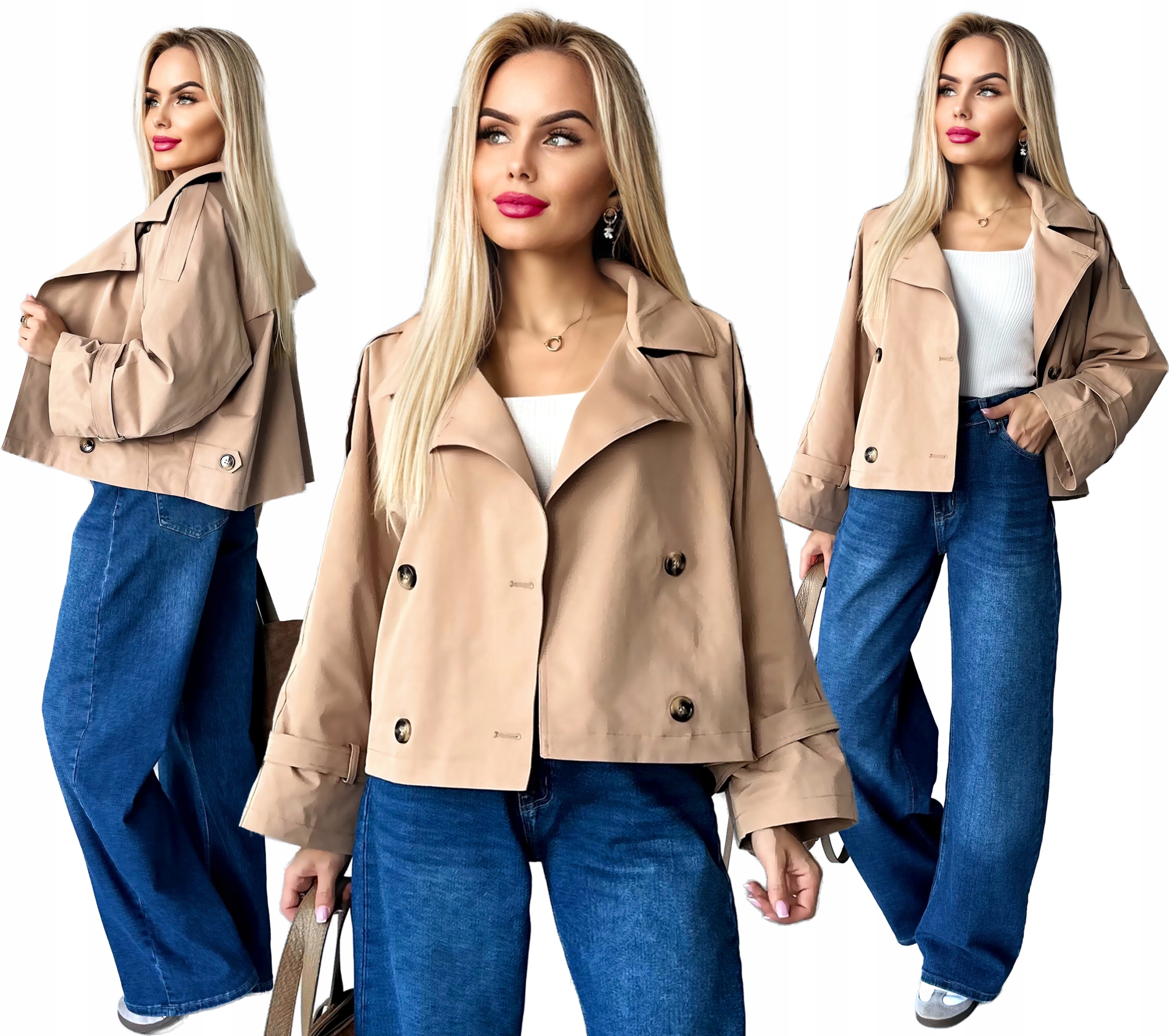 Kurtka krótki Płaszcz Trencz damski prochowiec podszewka beżowy XL Narina