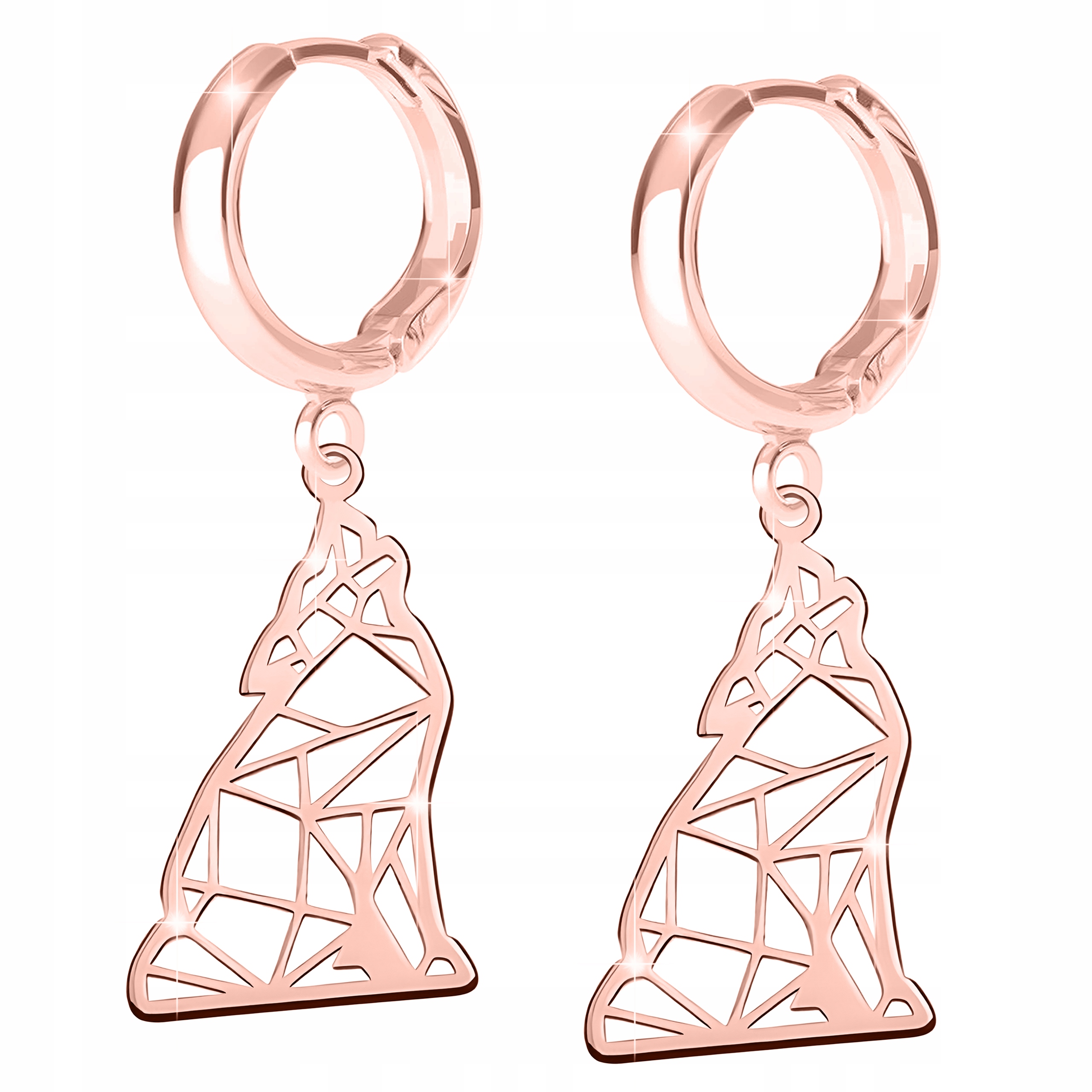 Náušnice Růžové stříbro 925 Ažurové plíšky s vlky, psi, origami vlk, pes, vlci