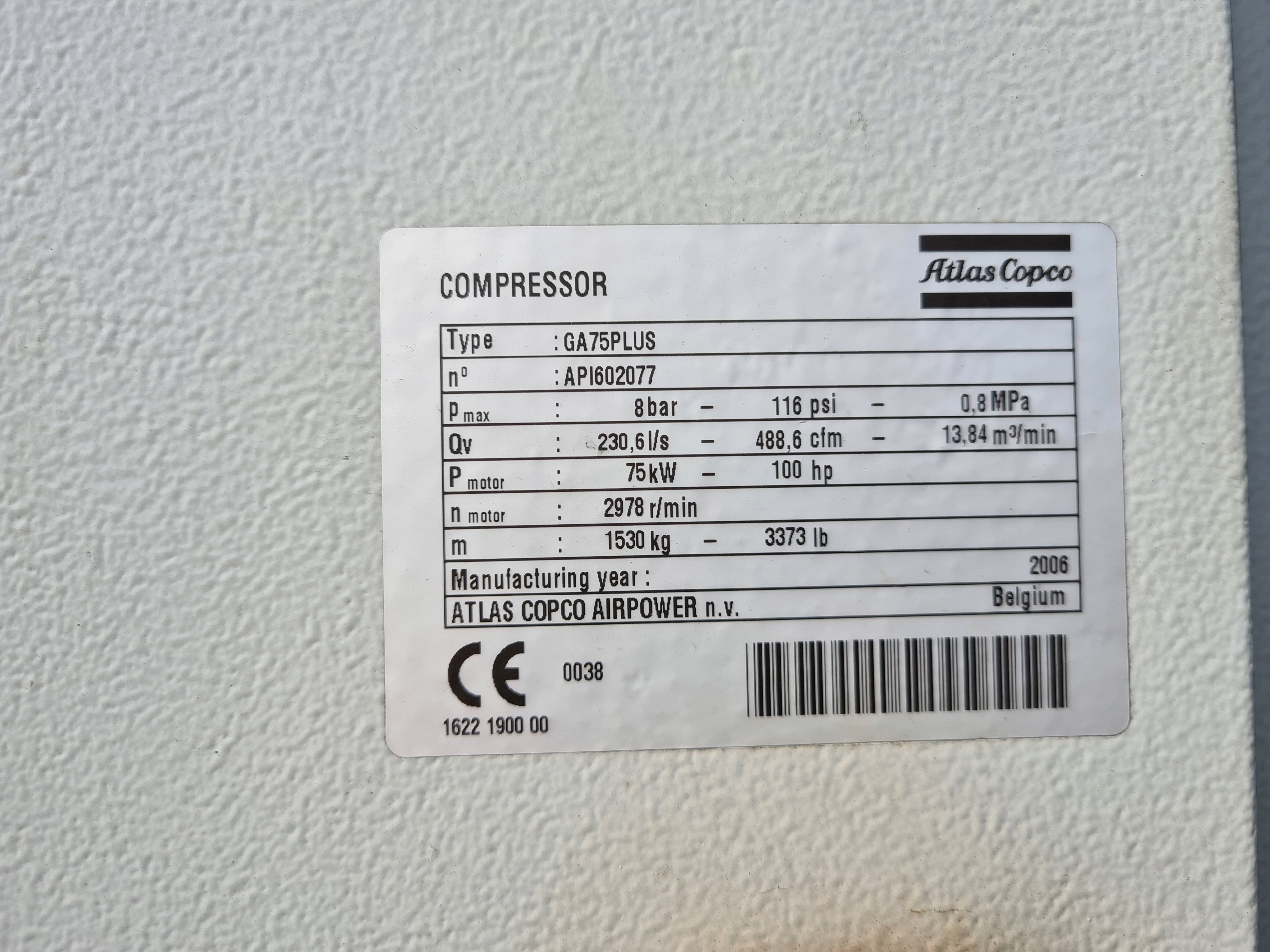 Kompresor śrubowy ATLAS COPCO GA 75 + Typ kompresor olejowy