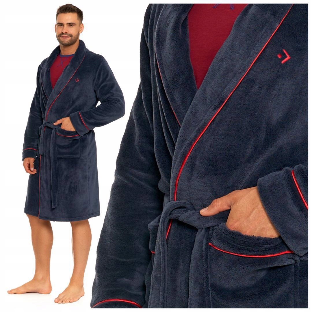 SZLAFROK MĘSKI CIEPŁY PUSZYSTY MORAJ GRANATOWY OCIEPLONY SZARY ROZM. XXL