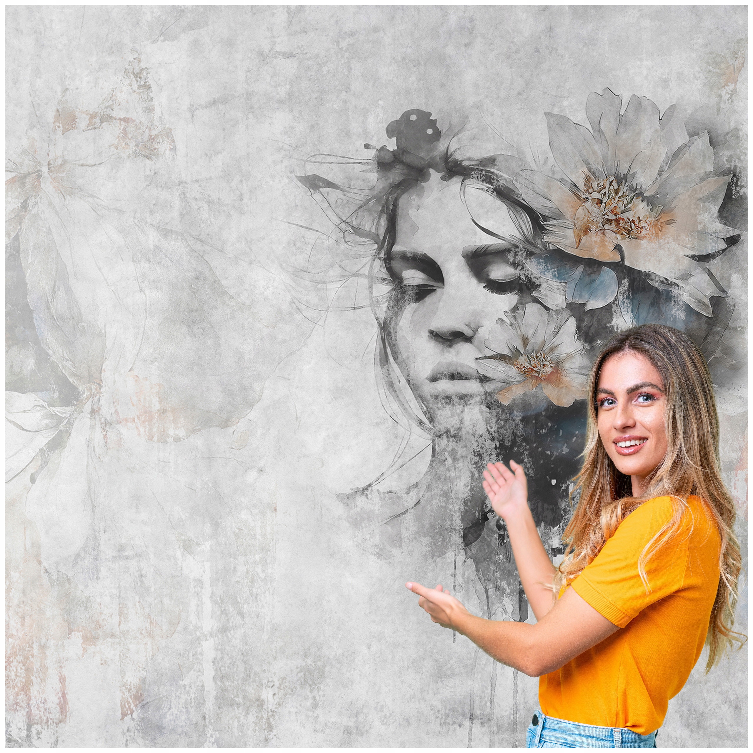 Fototapeta Salon Žena Tvář Beauty Glamour Květiny Beton 490x260 KTBB03W