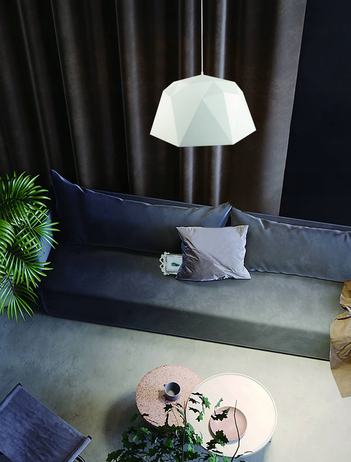 Bílý lustr Iseo Bianco M, geometrická rozevřená kopule nad pohovku