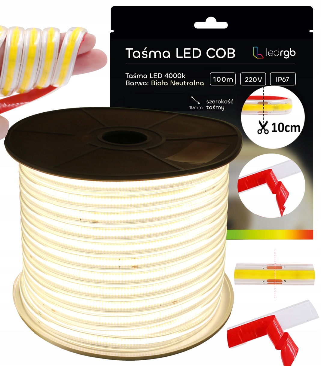 Led Páska Cob 100 m 230 V Bílá Neutrální 4000K Řezaná Každých 10 CM Bez Napájecího Zdroje