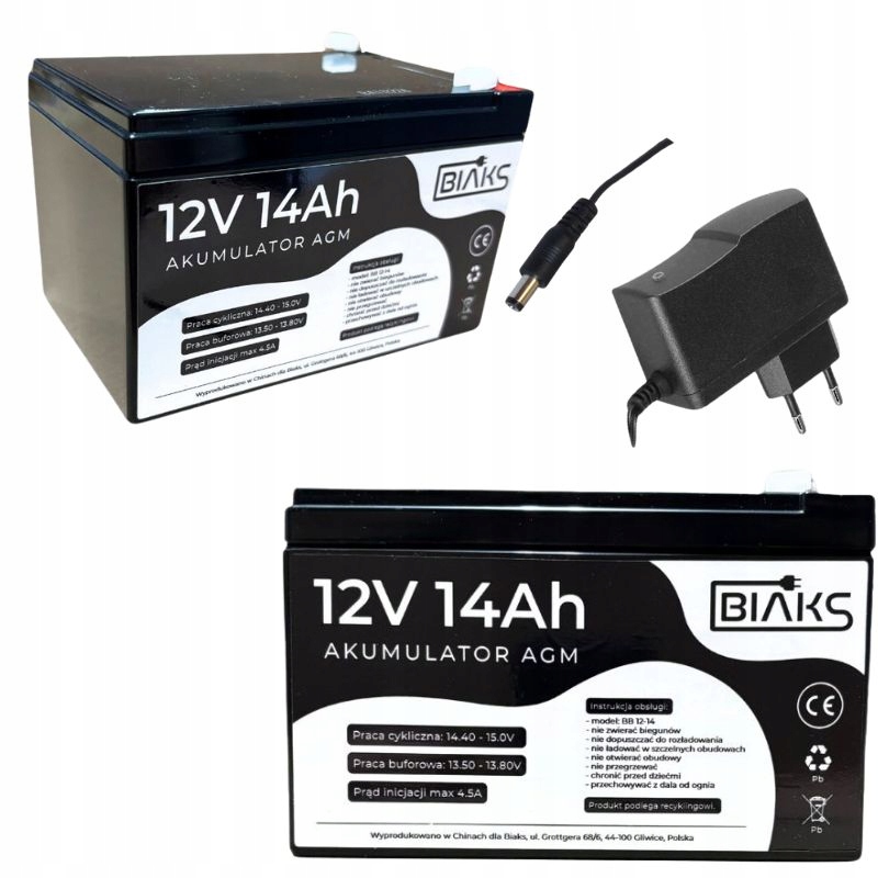 Akumulátor Agm 12V 14Ah Biaks (rozměr 10Ah 12Ah 15Ah) komplet nabíječka Zástrčka