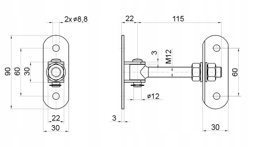 Zawias regulowany M12 180° PRZYKRĘCANY DWUSTRONNIE Kolor ocynk