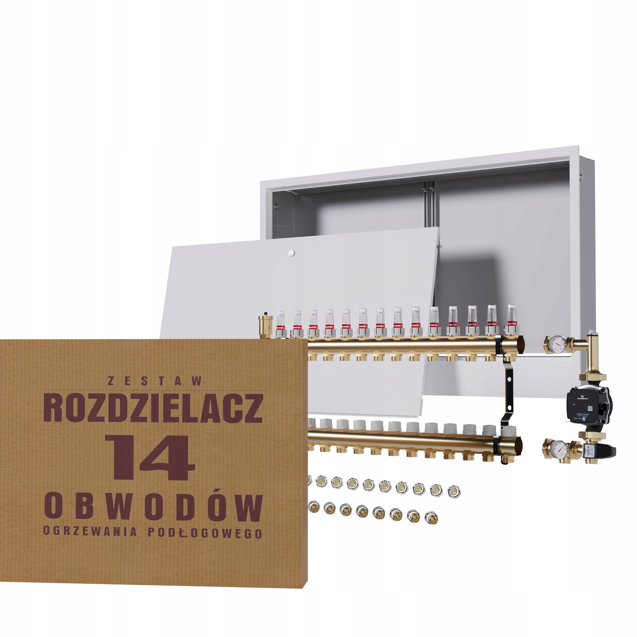 Rozdělovač pro podlahovku 14 čerpadlo Grundfos podomítková skříňka Pex