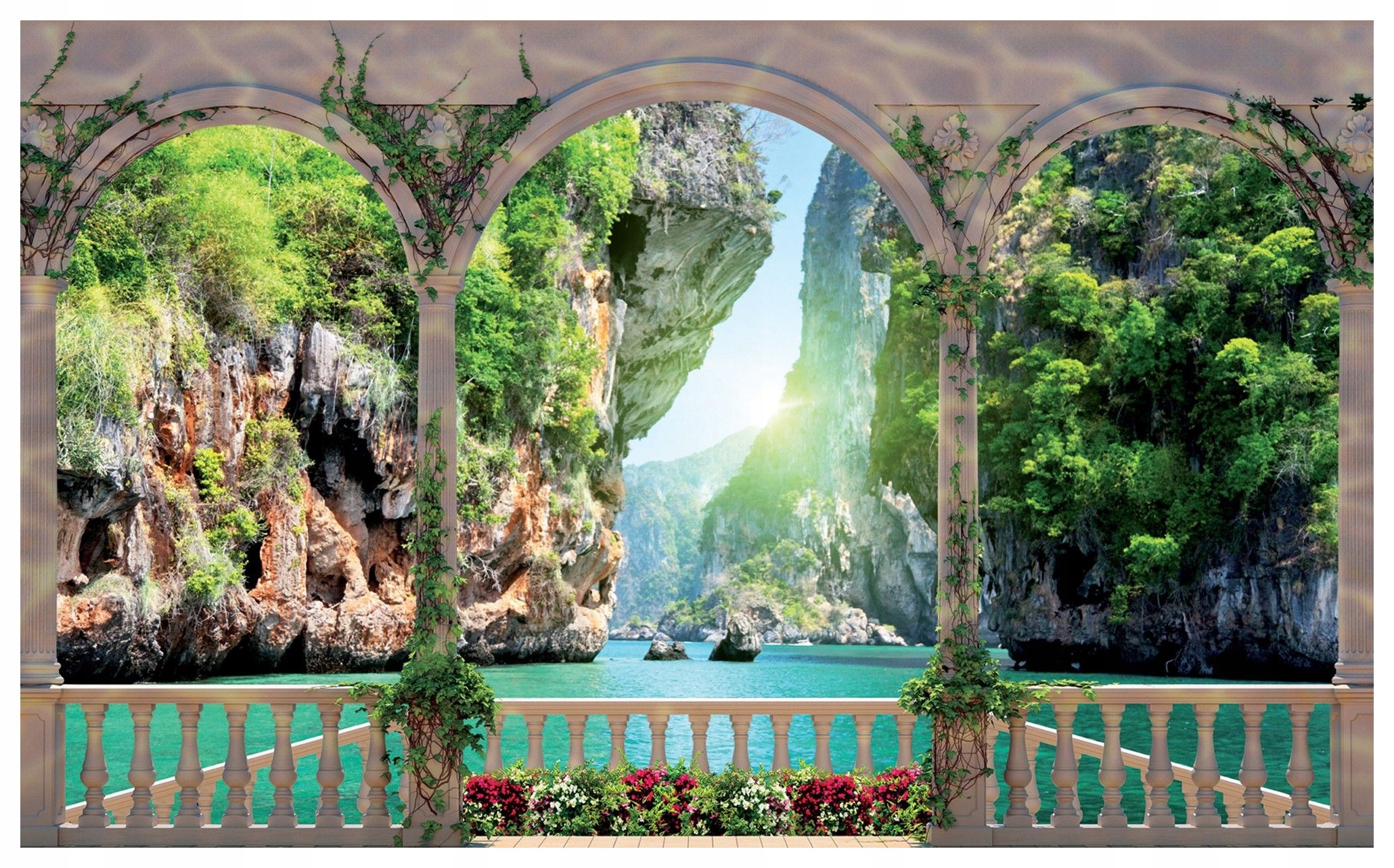 Fototapeta flizelina Terasa s výhledem na moře, květiny a skály 208x146 lepidlo