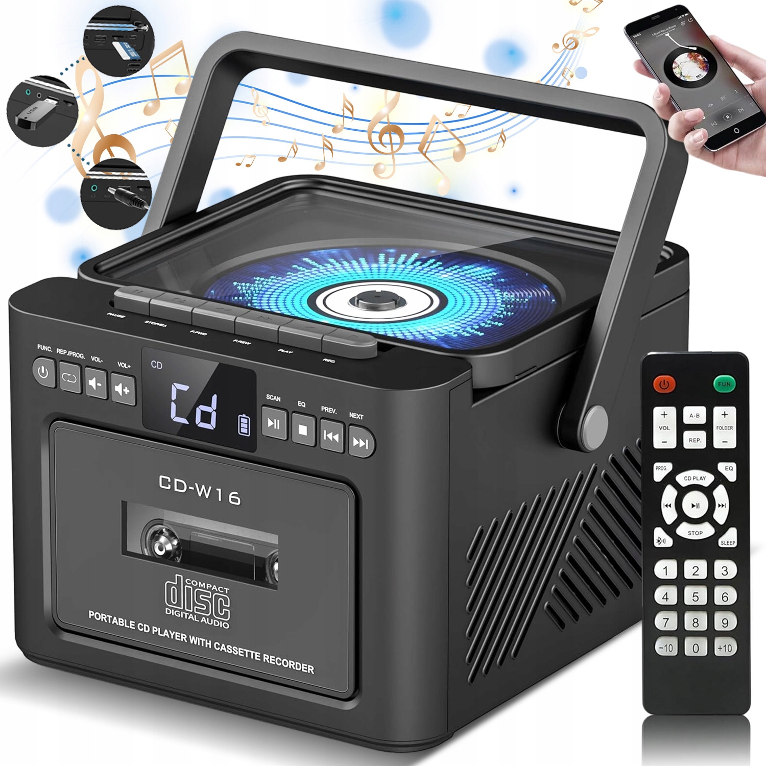 Přenosný Přehrávač CD Reproduktor Bluetooth Rádio Kazetový Přehrávač Černý
