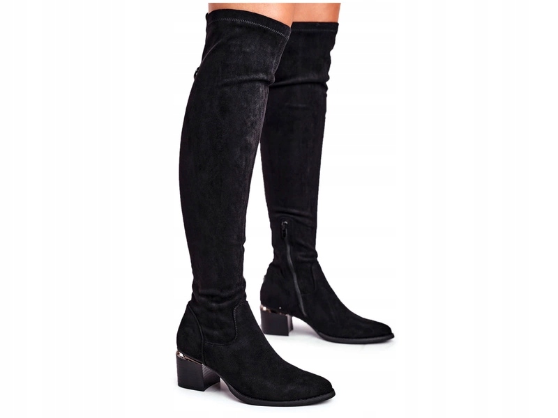 Semišové Kozačky Za Koleno Na Podpatku, Černé, Velikost 40